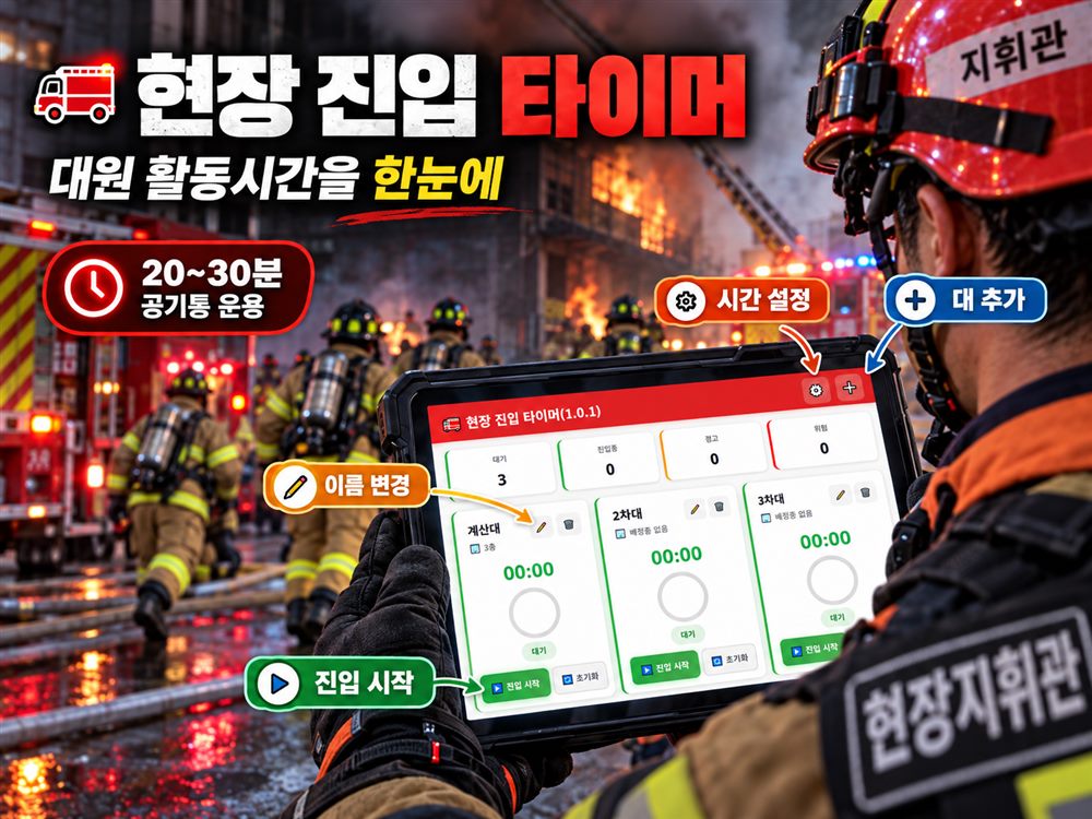 화재현장에서 현장지휘관이 태블릿으로 현장 진입 타이머를 확인하는 모습